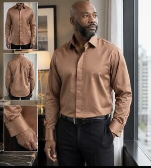 Steven Land Men’s 18.5 34/35 French Cuff Dress Shirt Brown Hidden Buttons NWT